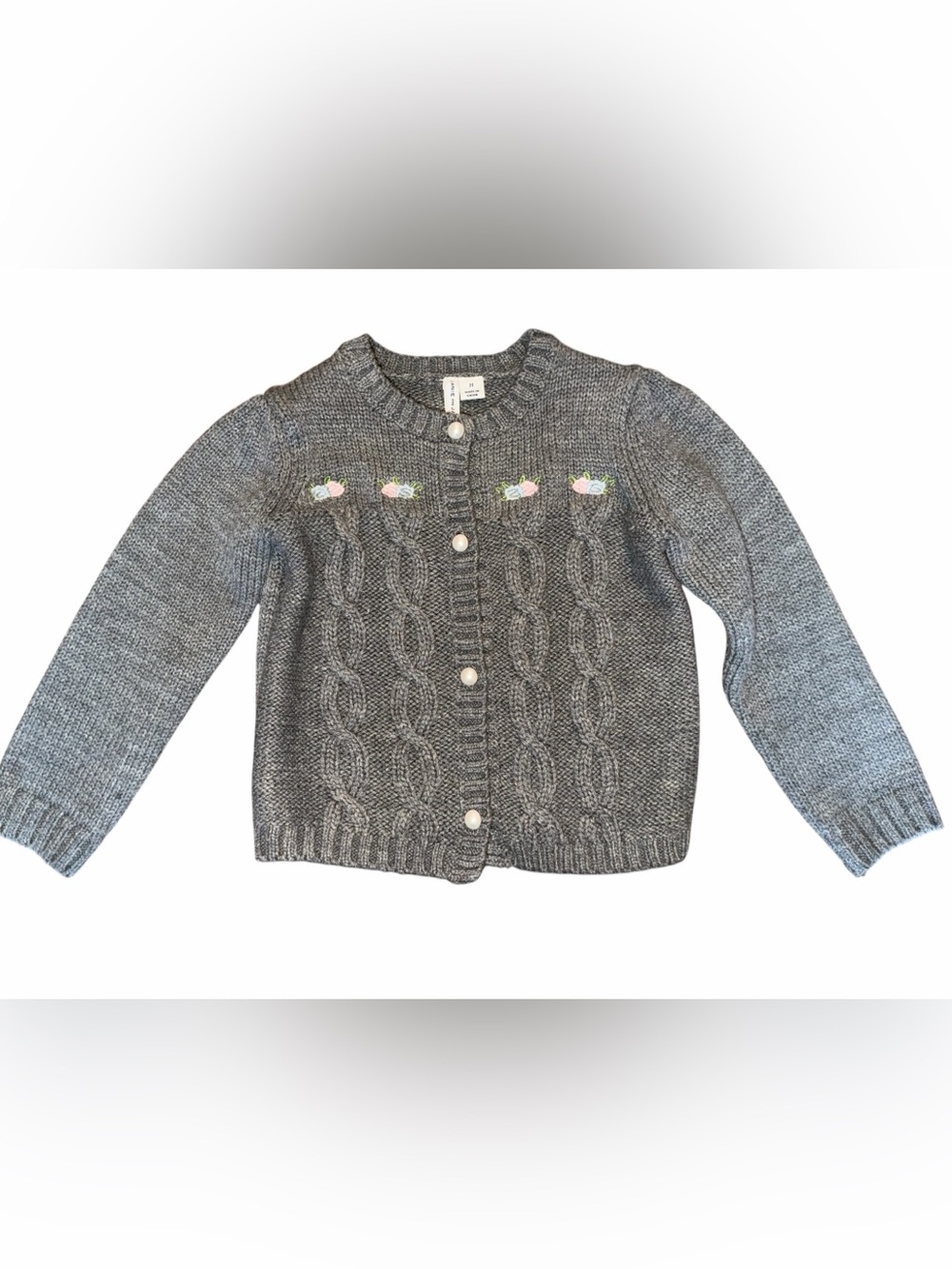 Janie and Jack Gray Knit Cable Cardigan with Floral Embroidery Pearl Buttons 2T